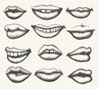 Lips engraving. Retro human face lips, vintage smiling and kissing mouth set vector illustration