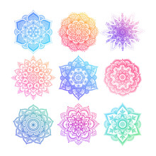 Set Of Round Gradient Mandala On White Isolated Background. Vector Hipster Mandala In Green, Red, Blue, Violet And Pink Colors. Mandala With Floral Patterns. Yoga Template.