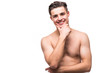 © F8  \ Suport Ukraine - Portrait of young shirtless handsome man with health clean skin touching his chin isolated on white background