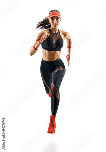 Cuadros en Lienzo Woman runner in silhouette isolated on white background