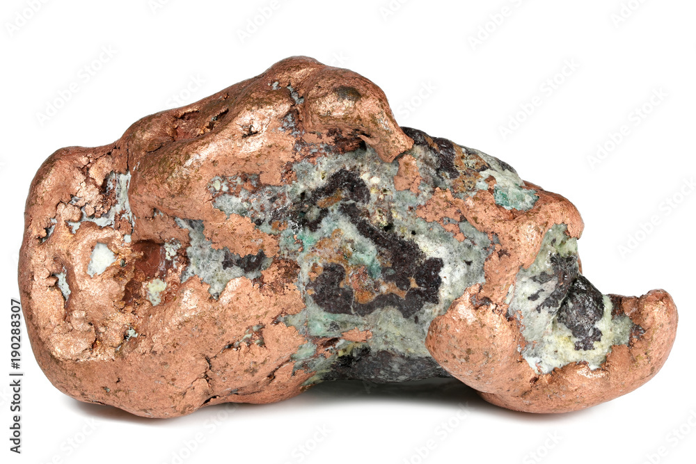 large native copper nugget (157 g) from Keweenaw, Michigan/ USA isolated on white background - obrazy, fototapety, plakaty 