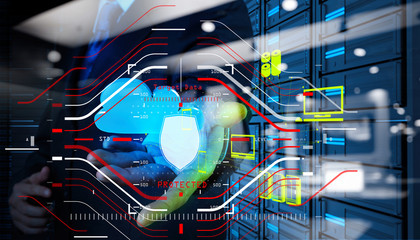 Poster - Data Security system Shield Protection Verification concept with computer halogram scanning on data of business and all technology