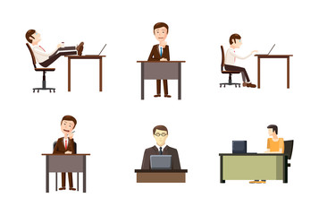 Poster - Man at desktop icon set, cartoon style