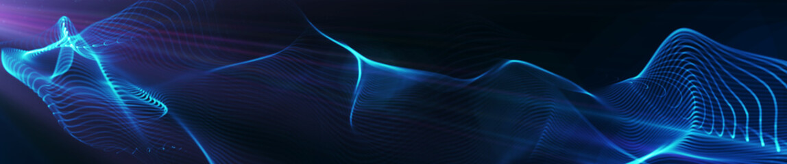 Poster - Panoramic abstract digital flowing particle string background hero