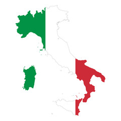 Wall Mural - Italian Republic flag in country silhouette. Landmass and borders of Italy as outline, within the banner of the nation in colors green, white and red. Isolated illustration on white background. Vector