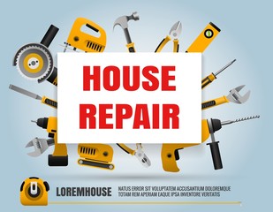 Wall Mural - House repair poster. Home repair service label with construction hand tools like hammer and roller, screwdriver and electric jigsaw