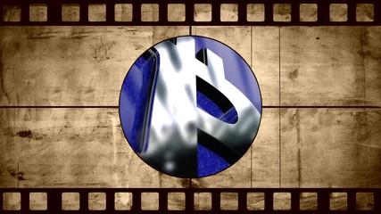 Aufkleber - Animation of old negative film with Bitcoin symbol. Digital currency. Bitcoin sign on a blue background. The blockchain technology. Abstraction. CGI