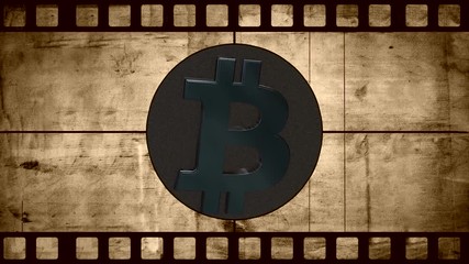 Poster - Animation of old negative film with Digital cryptocurrency Bitcoin sign as virtual money. Animation bitcoin. Compass crosshair. BTC Virtual Currency. Cryptocurrency Symbol Bitcoin