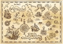 Design Set With Nautical Decorative Elements, Fantasy Creatures, Pirate Treasure Map Details. Pirate Adventures, Treasure Hunt And Old Transportation Concept. Hand Drawn Vector Illustration