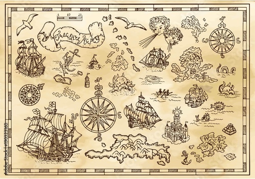 Cuadros en Lienzo Design set with nautical decorative elements, fantasy creatures, pirate treasure map details