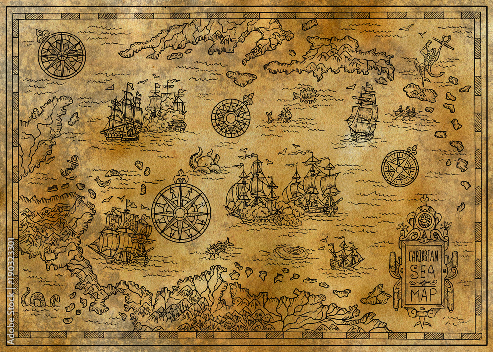 Old map of the Caribbean Sea with decorative and fantasy elements ...