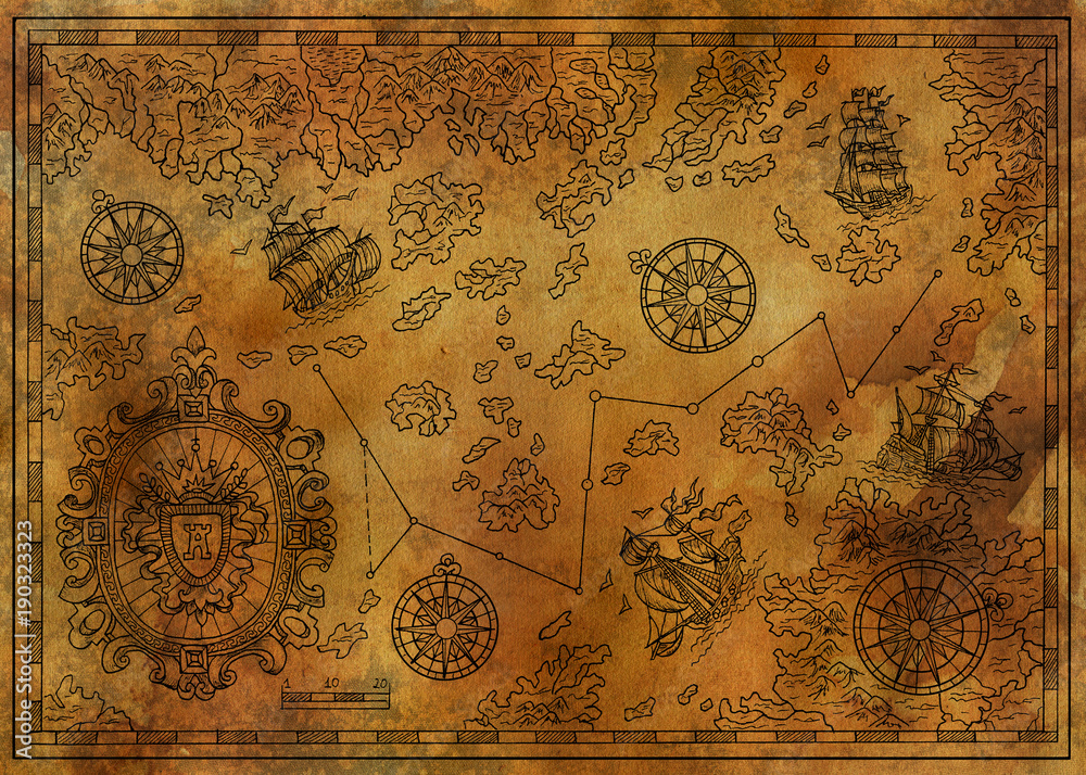 Pirate treasure map with decorative nautical element, treasure islands ...