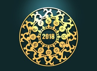 Wall Mural - Astrological symbols in the circle. Decorative ornanet. 3D rendering. 2018 year number