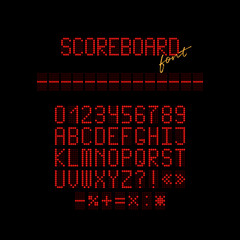 Poster - Red led scoreboard font. Vector realistic letters and numbers made of red led.