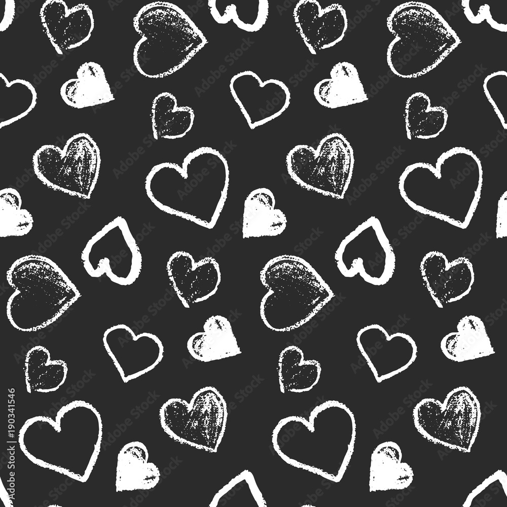 Monochrome seamless pattern with cute grunge white scribbled hearts on black  background. Contrast doodle texture for St. Valentines lovely design,  textile, wrapping paper, cover, background, wallpaper Stock Vector | Adobe  Stock, image size:1000x1000