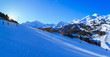 First sunlight on the slopes of  a ski resort (Meribel)> Les 3 Vallee, France.