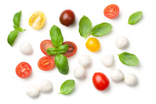 Tomatoes, Basil And Mozzarella Isolated On White Background