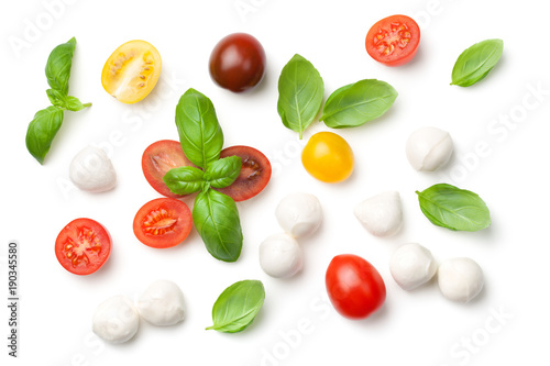 Fotografía Tomatoes, Basil and Mozzarella Isolated on White Background