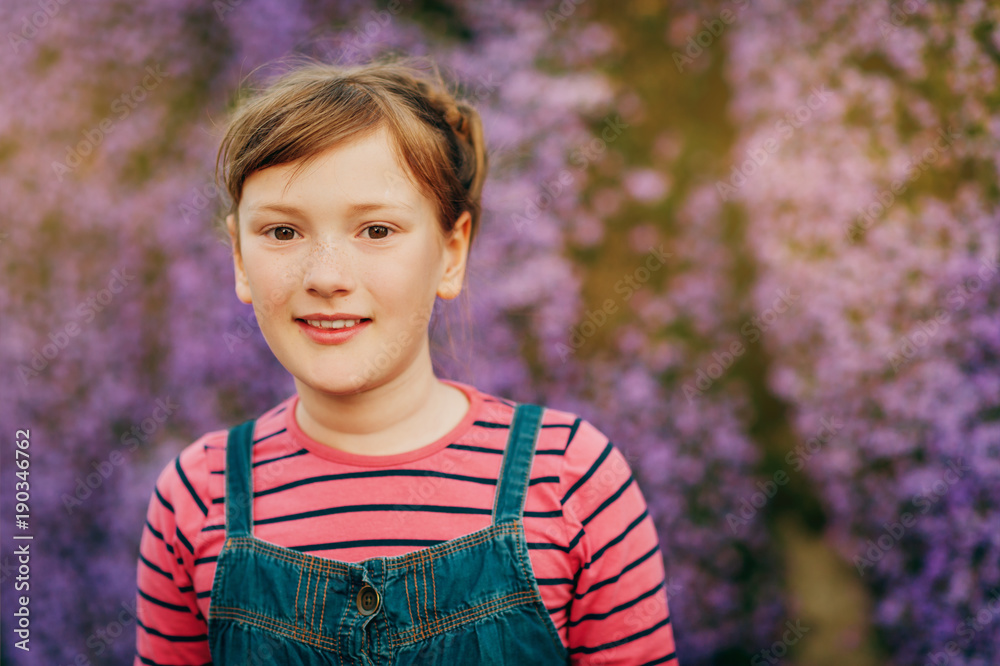 Summer portrait of young happy kid girl wearing denim overalls Stock ...