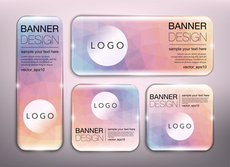 Wall Mural - Collection of 4 vector web banners. Glass web banners in low poly style design. Isolated on the pink background. Each item contains space for own logo and text. Vector illustration. Eps10.