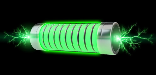 Poster - Green battery with lightnings 3D rendering
