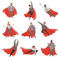 Sticker - Superhero business men in different poses. Cartoon characters in formal clothes with ties and red capes. Career advancement. Successful office workers. Flat vector