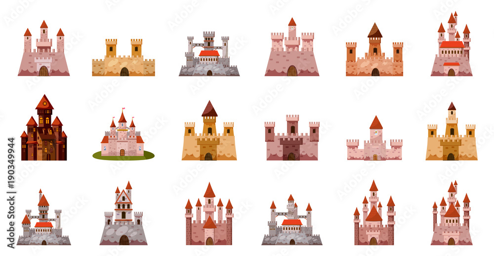 Medieval castle icon set, cartoon style - obrazy, fototapety, plakaty 