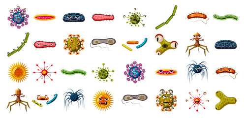 Virus icon set, cartoon style