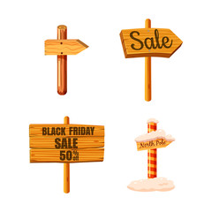 Poster - Wood sign icon set, cartoon style