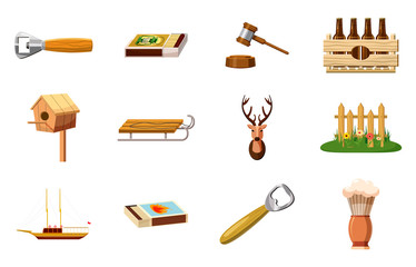 Poster - Wood object icon set, cartoon style