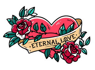 heart entwined in climbing rose tattoo. tattoo heart with ribbon and roses. eternal love. forever lo