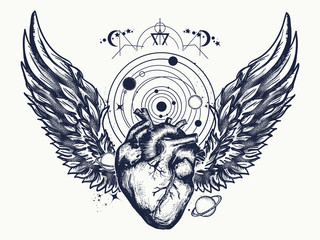 Wall Mural - Heart and wings in space tattoo. Anatomic heart and angel wings among galaxies and planets. Symbol of love, philosophy, psychology, imagination, dream. Surreal heart t-shirt design