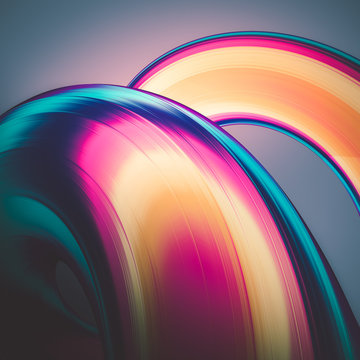 3D render abstract background. Colorful twisted shapes in motion. Computer generated digital art for poster, flyer, banner background or design element. Holographic foil ribbon on dark background.