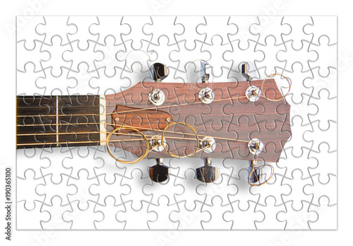 Fotografie, Obraz Step by step learning to play the guitar - concept image in jigsaw puzzle shape
