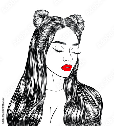 Cute Girl With Double Hair Buns And Long Silky Hair Close Up Look