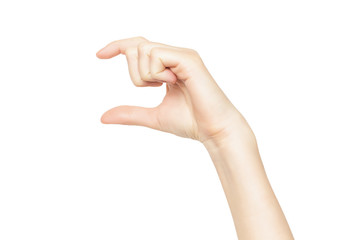 Female hand isolated at white background making size measuring gesture.