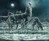 A flock of wolves at night, the leader howls to the moon. Digital paint.