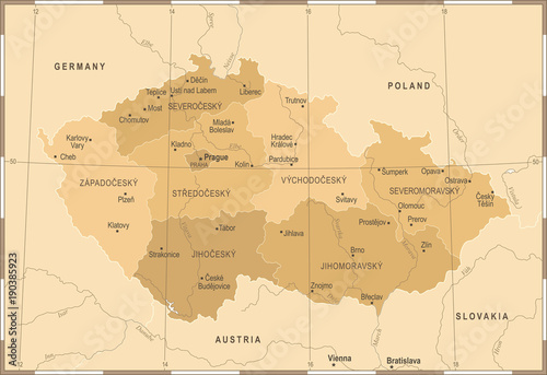 Fotomural Czech Republic Map - Vintage Detailed Vector Illustration