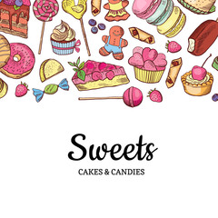 Poster - Vector hand drawn colored sweets shop or confectionary background