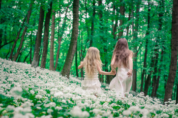 two girls walking in spring forest