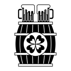 wooden barrel with two beer and clover vector illustration black and white image