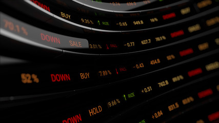 Poster - 3d render abstract financial background. Market shares and percentage show on digital curved .screen. Economic board..