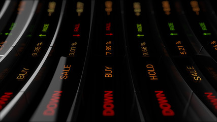 Poster - 3d render abstract financial background. Market shares and percentage show on digital curved .screen. Economic board..