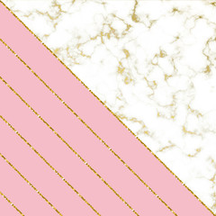 Modern background with white marble texture and pink and gold glitter lines. Template for holiday designs, card, invitation, party, birthday, wedding, baby shower. 