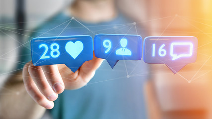 Businessman holding a Like, Follower and message notification on social network - 3d render