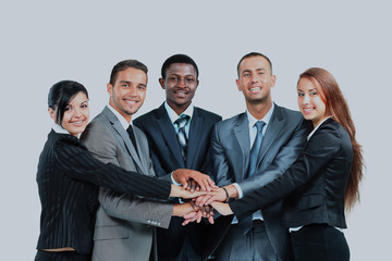 Poster - A diverse group of business workers with their hands together in form of teamwork.