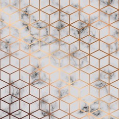 Wall Mural - Vector marble texture, seamless pattern design with golden cubes geometric pattern, black and white marbling surface, modern luxurious background