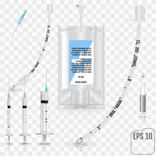 Realistic Intravenous Fluid, Syringe, Test Tubes, Tracheal Tube Without Cuff And Endotracheal Intubation Tube With Inflatable Cuff On Transparent Background. Infusion System, Ampoule. Vector