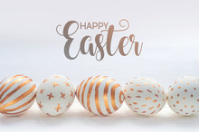 Happy Easter Postcard Banner. Golden Easter Eggs On Wooden White Vintage Background.