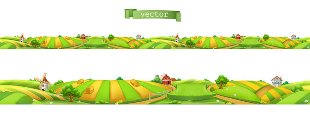 Farm. Landscape, seamless panorama, 3d vector illustration